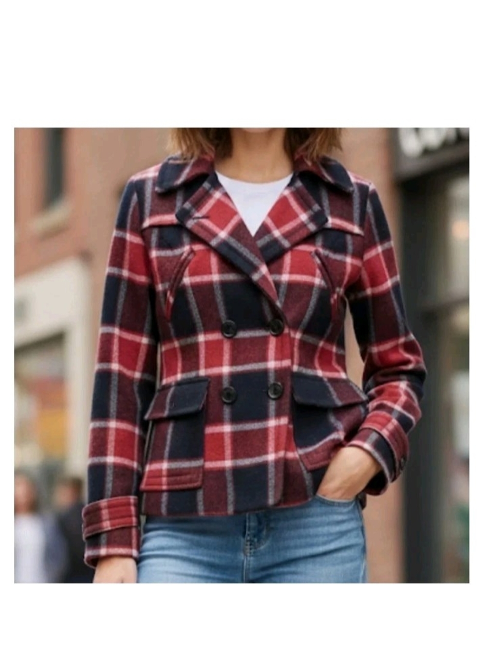American Eagle Wool Blend Plaid Pea Coat Tartan Red Navy White Button SZ XS 2009